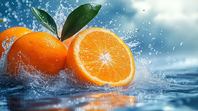 Saftige Orangen mit Wassertropfen auf blauem Hintergrund