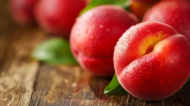 Saftige Pfirsiche mit Wassertropfen auf rustikalem Holz