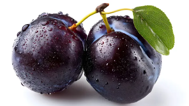 Saftige Pflaumen mit Wassertropfen auf Weiß
