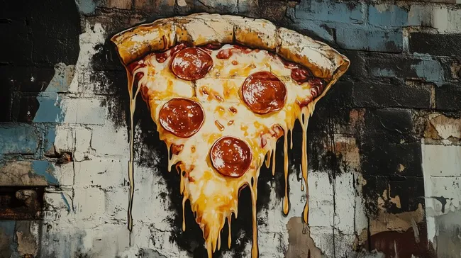 Saftige Pizza mit geschmolzenem Käse auf rustikaler Backsteinwand