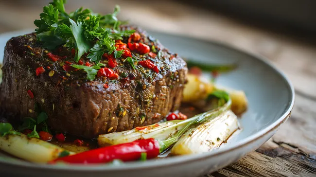 Saftige Rinderhüfte mit würziger Chili-Sauce und Lauch