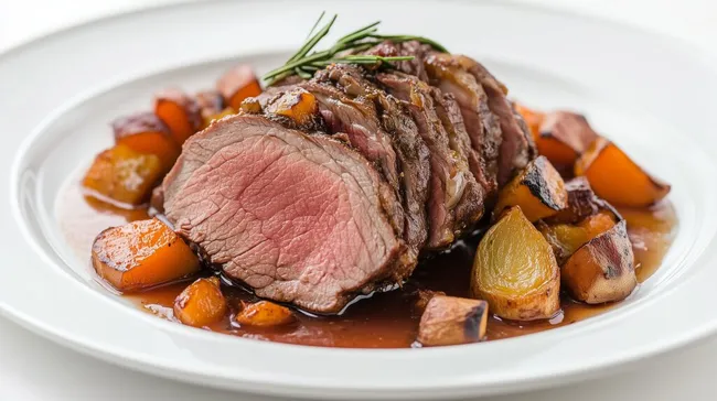 Saftige Rinderschmorbraten mit Gemüse in reichhaltiger Sauce