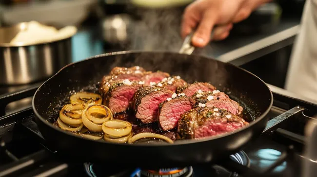Saftige Rindersteak-Pfanne mit Zwiebeln