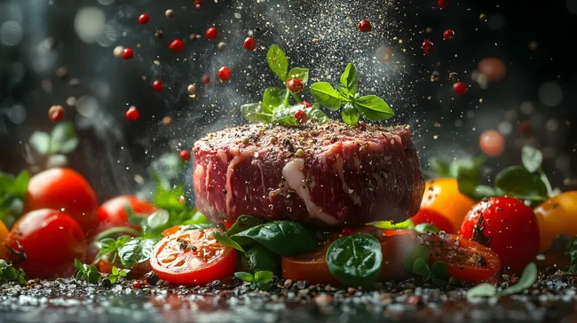 Saftige Rindersteak-Scheibe mit Tomaten und Kräutern