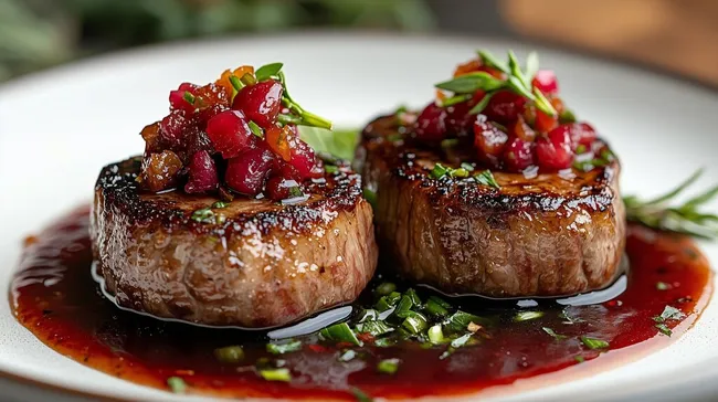 Saftige Rindersteak-Scheiben mit Cranberry-Soße