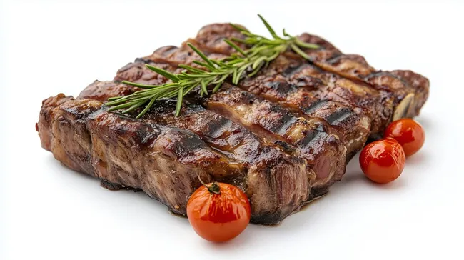 Saftige Rindersteak-Scheiben mit Rosmarin und Kirschtomaten