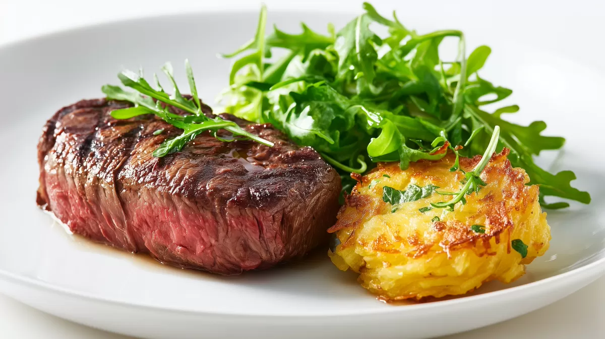 Saftige Rindersteaks mit Kartoffelrösti und Rucola