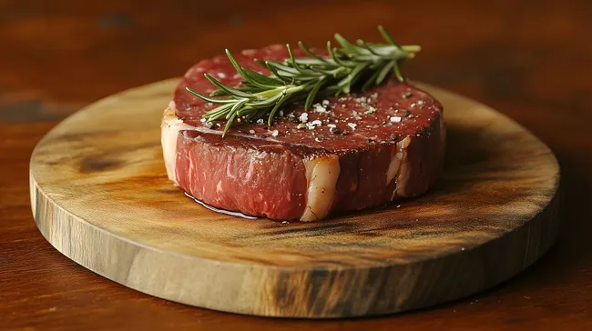 Saftige Rindfleisch-Filetsteak-Scheibe mit Rosmarin auf Holzbrett