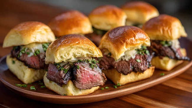 Saftige Rindfleisch-Sliders auf Holzbrett