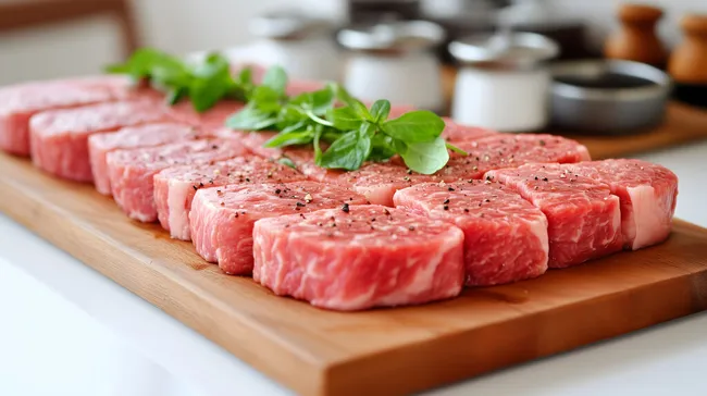 Saftige Rindfleischstücke auf Holzbrett
