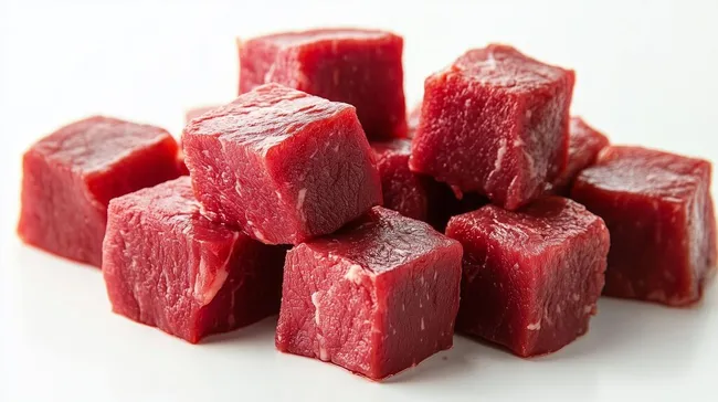 Saftige Rindfleischstücke auf weißem Hintergrund