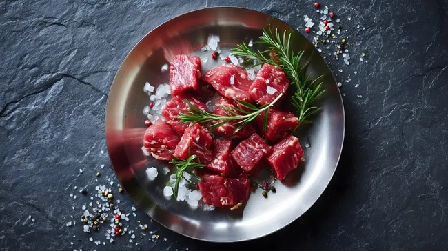 Saftige Rindfleischstücke mit Gewürzen auf Edelstahlplatte