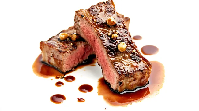 Saftige, rosa gegarte Rindersteakscheiben mit Soße