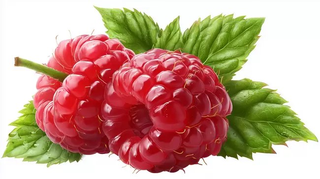 Saftige rote Himbeeren mit frischen Blättern