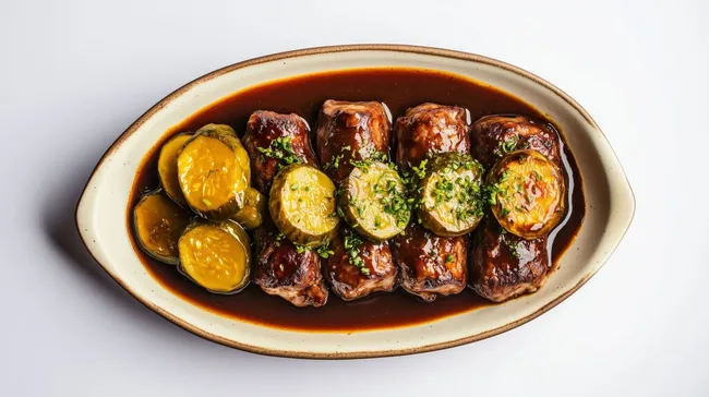 Saftige Rouladen in würziger Soße mit eingelegtem Gemüse