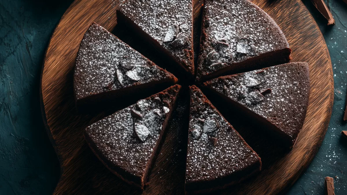 Saftige Schokoladenkuchen-Scheiben auf Holzbrett