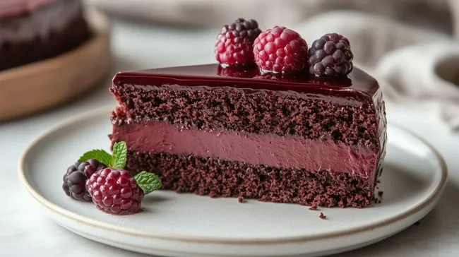 Saftige Schokoladentorte mit Himbeeren und Brombeeren