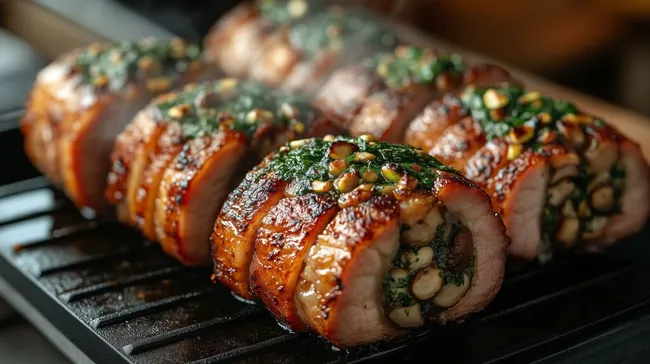 Saftige Schweinefilet-Rollen mit Kräutern und Nüssen