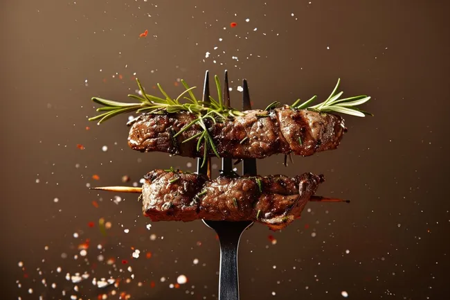 Saftige Steaks mit Kräutern auf Grillgabel