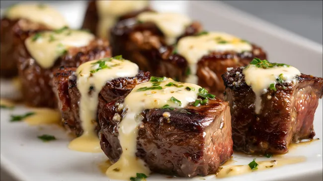 Saftige Steakstücke mit Kräuterbutter auf Teller