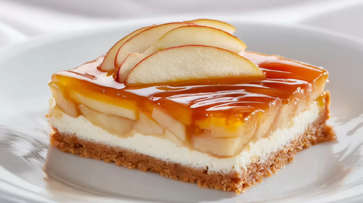 Saftiger Apfelblechkuchen mit Calvados Gelee auf Teller