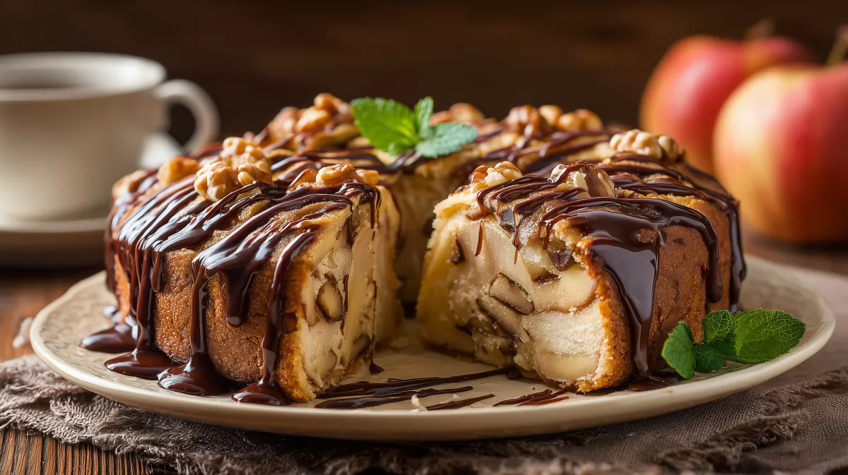 Saftiger Apfelkuchen mit Walnüssen und Schokolade