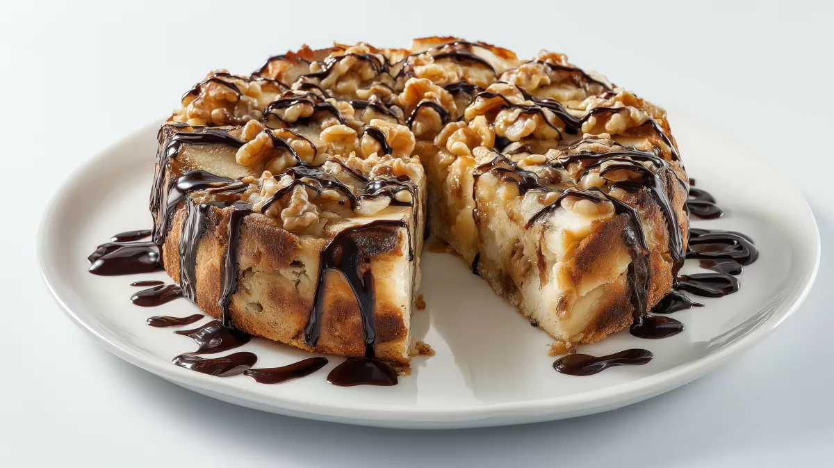 Saftiger Apfelkuchen mit Walnüssen und Schokoladensoße