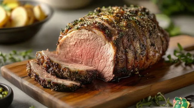 Saftiger Braten mit Kräuterrinde auf Holzbrett