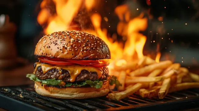 Saftiger Burger mit knusprigen Pommes und Flammen