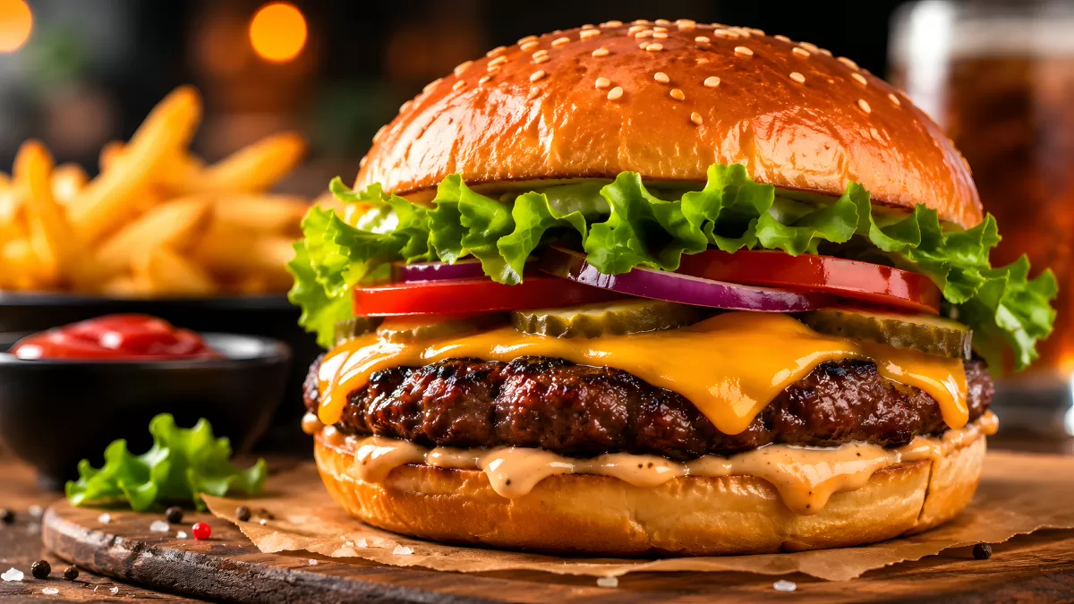 Saftiger Cheeseburger mit Pommes auf Holzbrett
