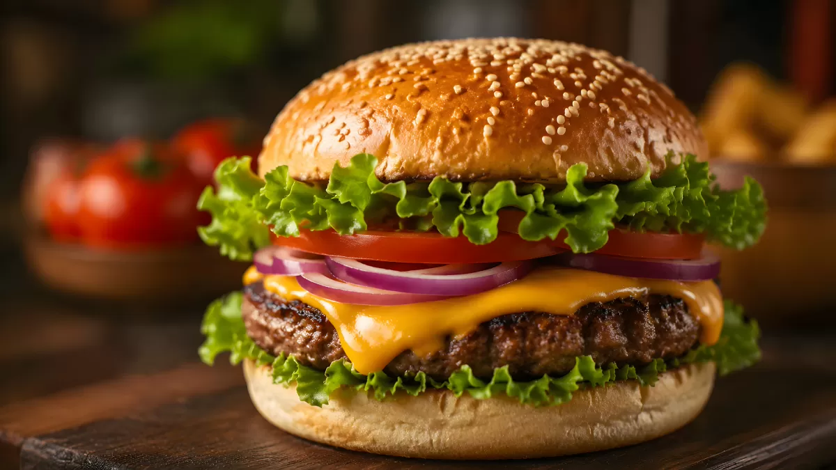 Saftiger Cheeseburger mit Salat, Tomate und Zwiebeln