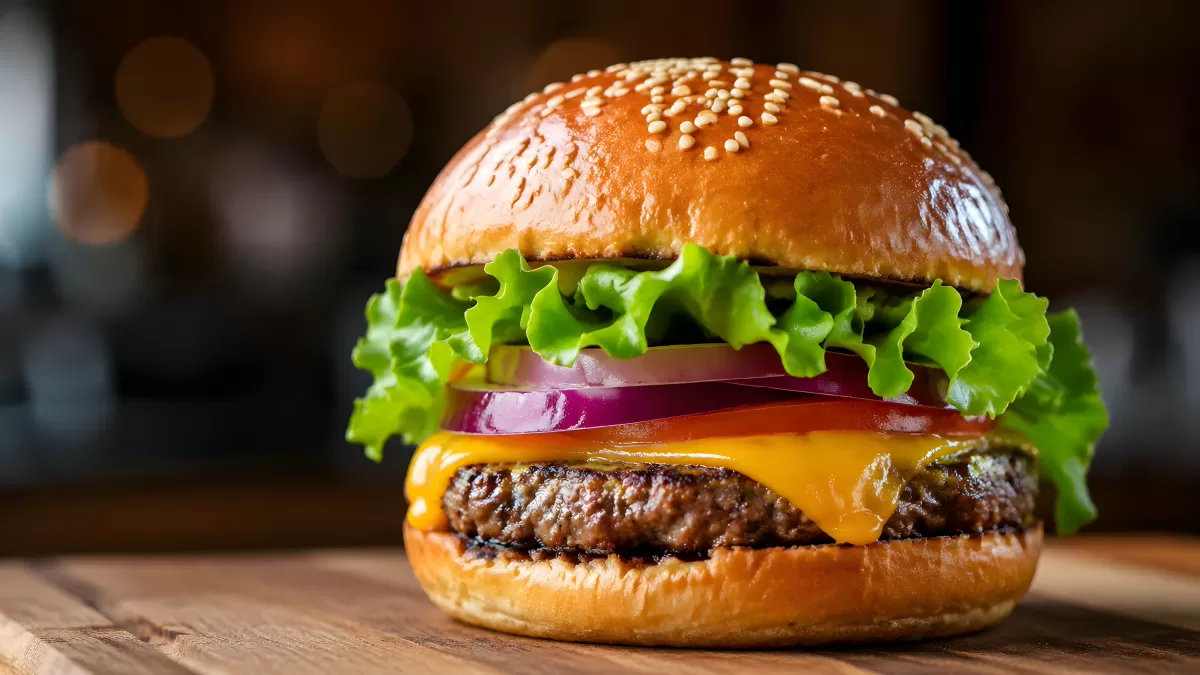 Saftiger Cheeseburger mit Salat und roten Zwiebeln