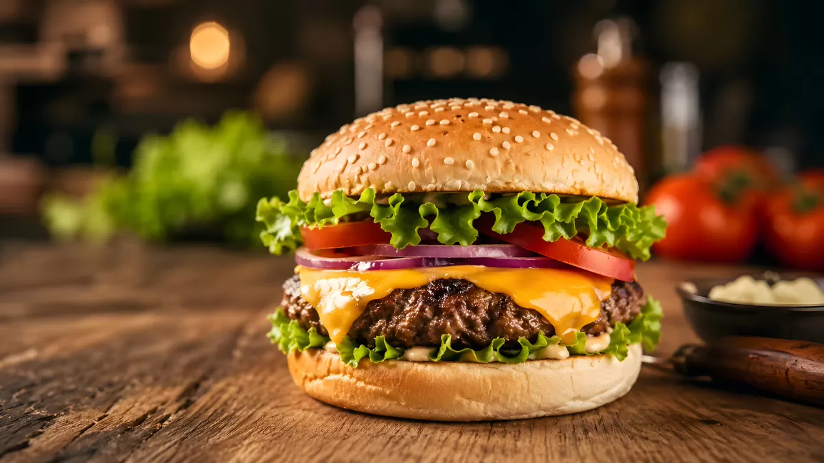 Saftiger Cheeseburger mit Salat und Tomate auf Holz