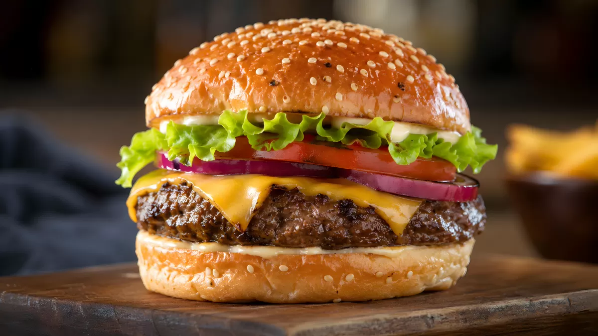 Saftiger Cheeseburger mit Salat und Tomate auf Holzbrett