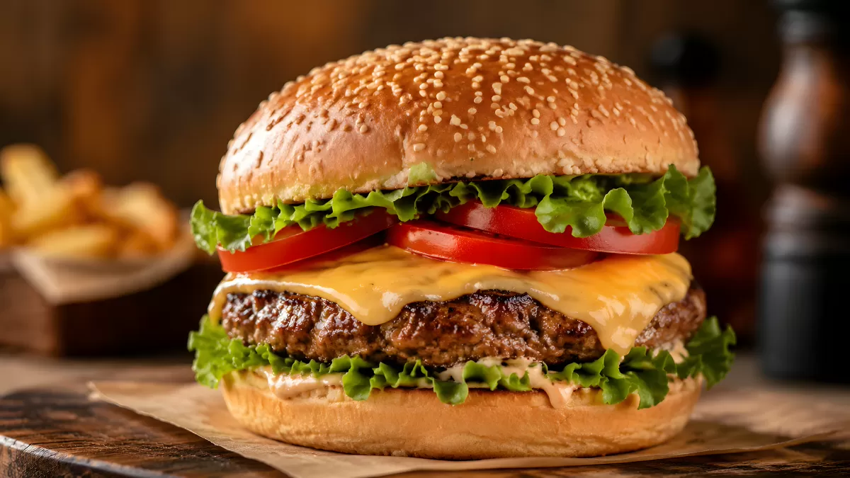Saftiger Cheeseburger mit Tomaten und Salat