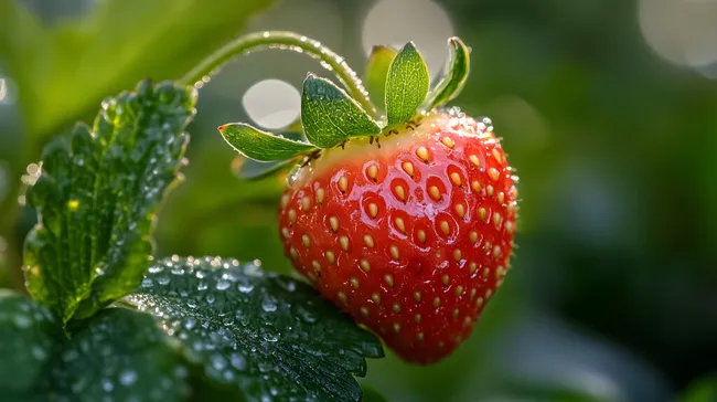 Saftiger Erdbeersaft mit Tautropfen auf grünem Blatt