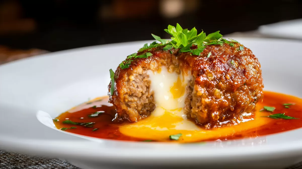 Saftiger Fleischball mit geschmolzenem Käse auf Teller