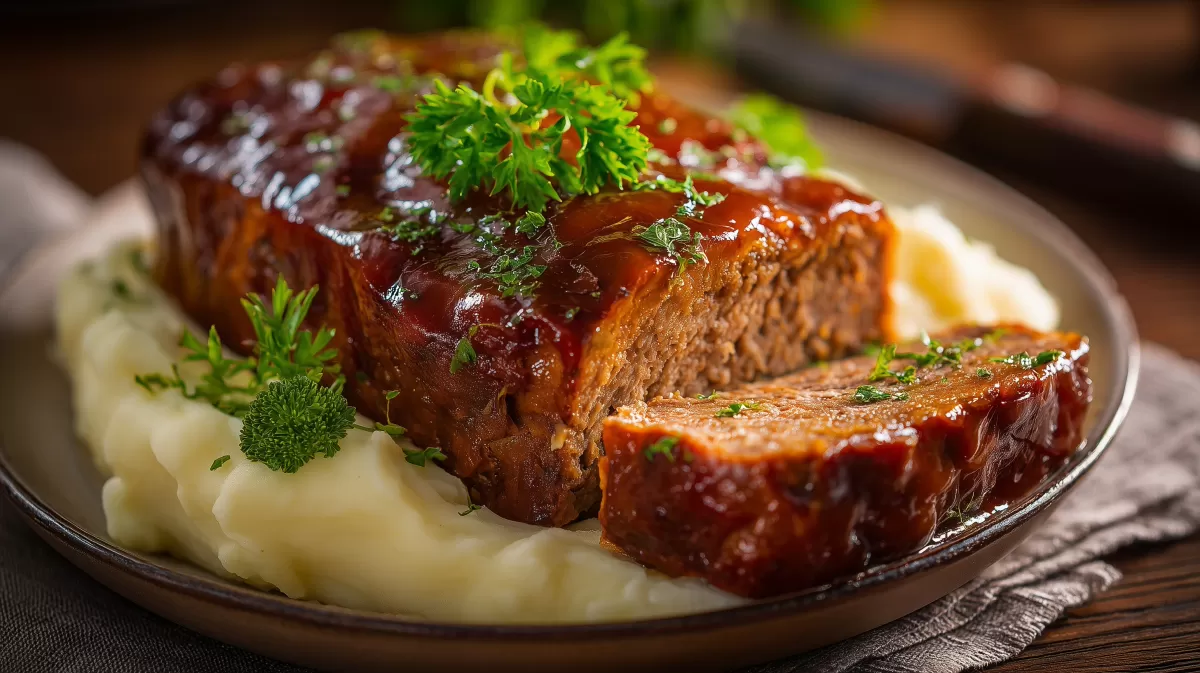 Saftiger Hackbraten mit Kartoffelpüree auf Teller
