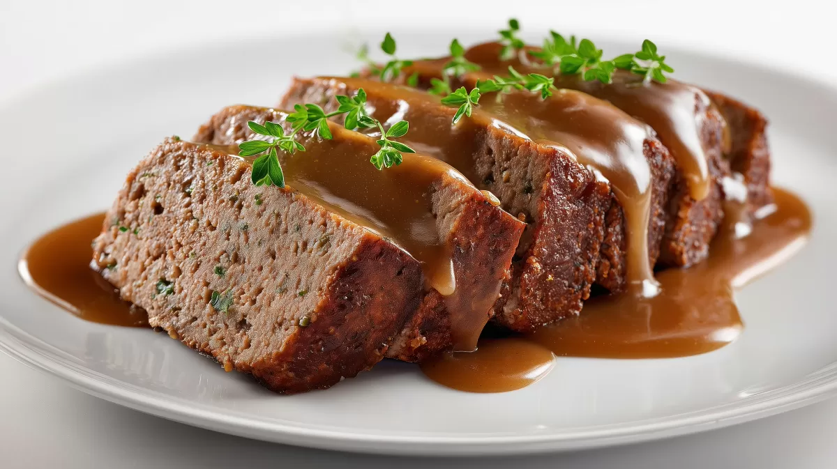 Saftiger Hackbraten mit Soße auf weißem Teller