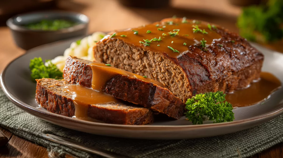 Saftiger Hackbraten mit Soße und Kartoffelpüree