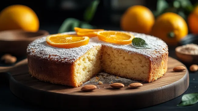 Saftiger Mandel-Orangen-Kuchen auf rustikaler Holzplatte