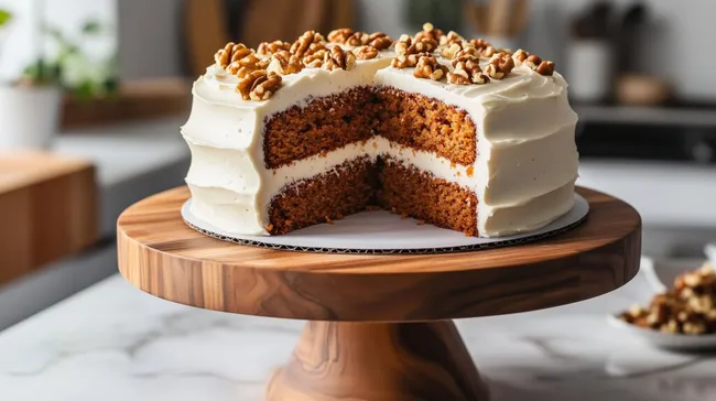 Saftiger Möhrenkuchen mit Frischkäse-Frosting und gehackten Walnüssen
