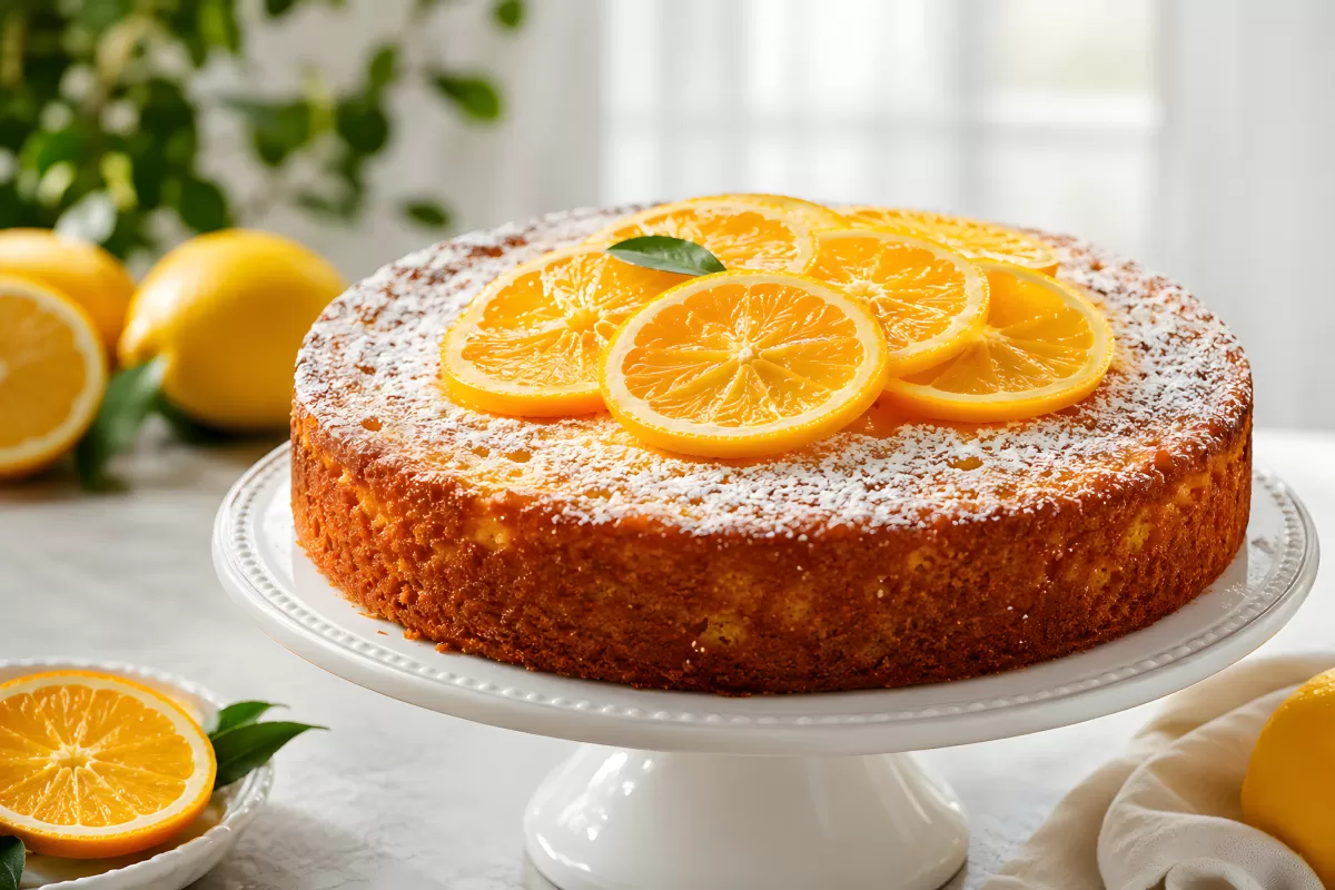 Saftiger Orangenkuchen mit Puderzucker auf Tortenständer