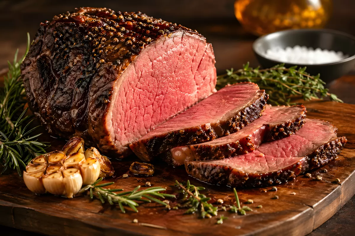 Saftiger Rinderbraten angeschnitten auf Holzbrett