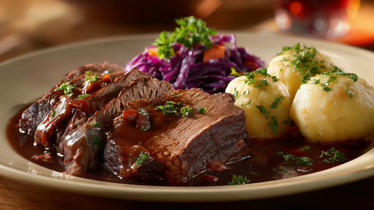 Saftiger Rinderbraten mit Klößen und Rotkohl