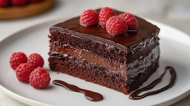 Saftiger Schokoladen-Himbeer-Kuchen auf Teller