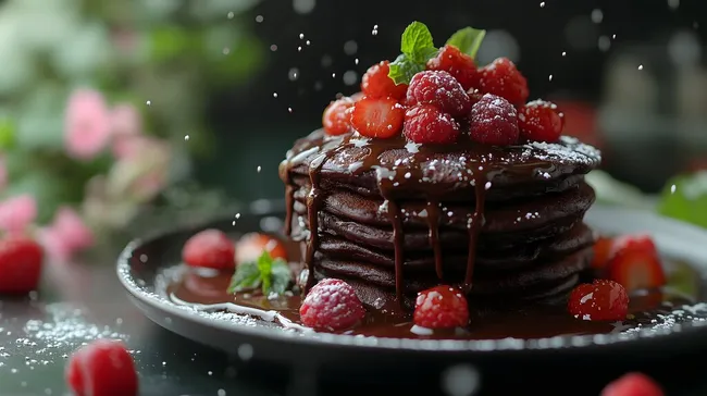 Saftiger Schokoladen-Pfannkuchen mit Himbeeren und Glasur