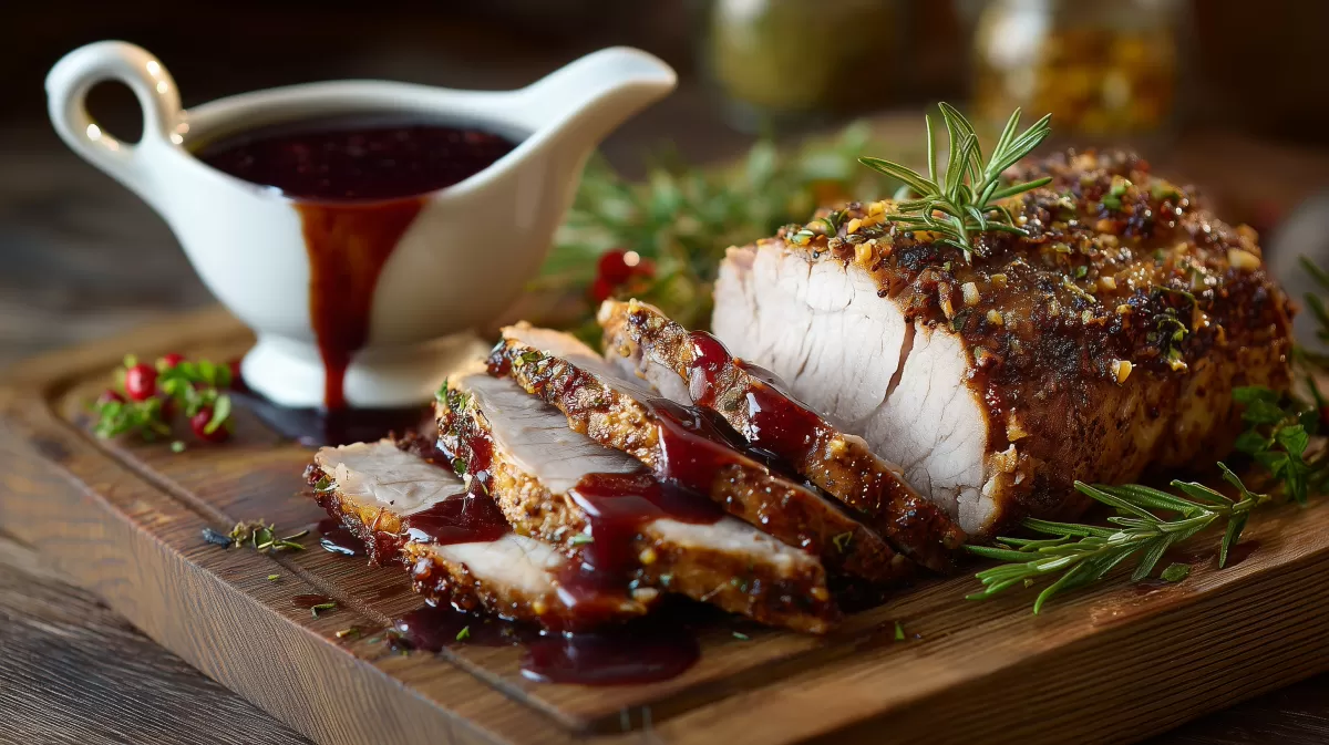 Saftiger Schweinebraten Aufschnitt mit Jus auf Brett