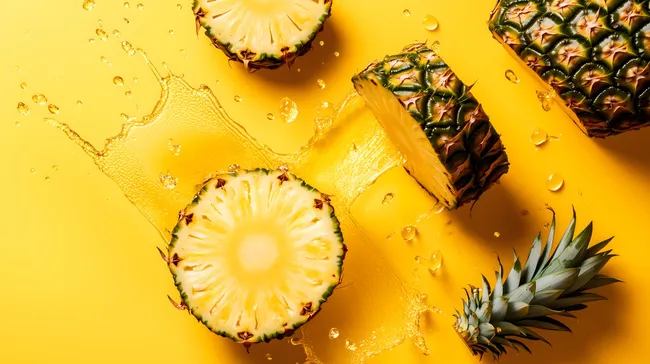 Saftiges Ananasstücke mit Spritzer auf gelbem Hintergrund