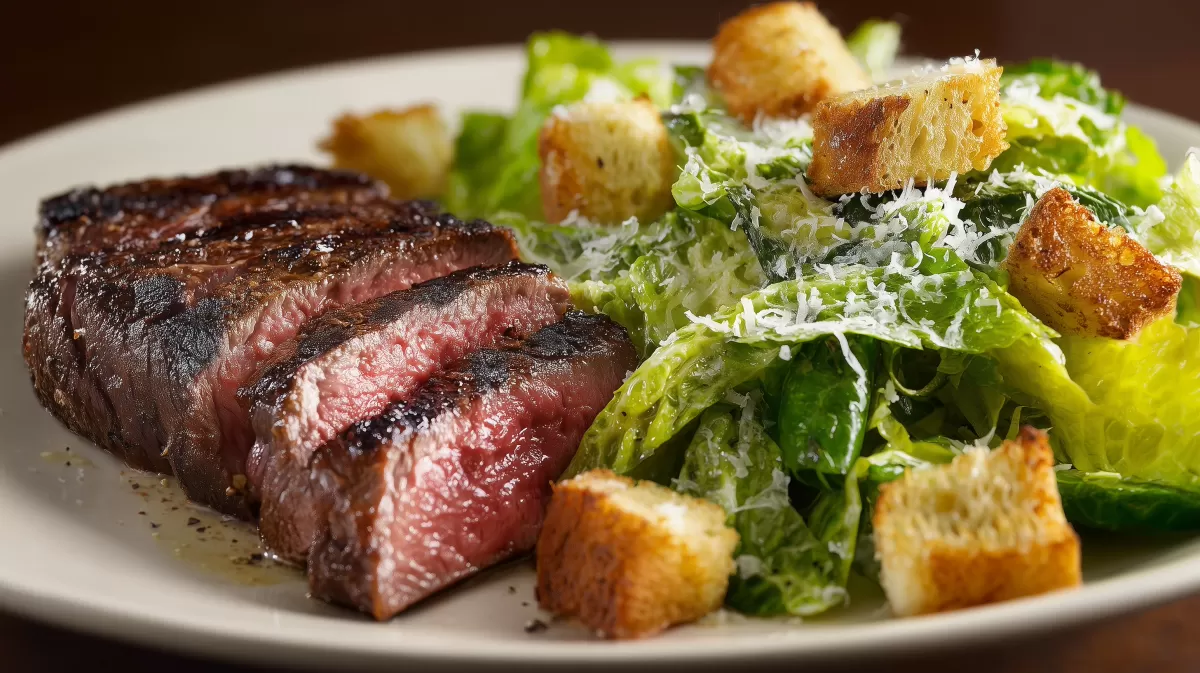 Saftiges Beef Steak mit Caesar Salad auf Teller